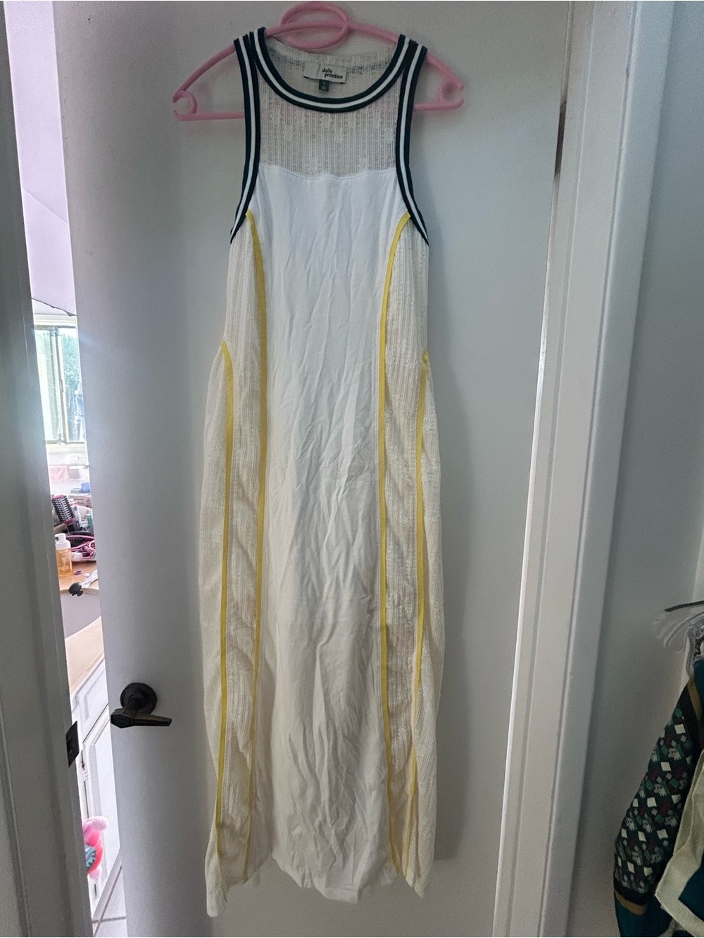 Anthropologie White Dress with Yellow Piping and Black Trim - Picture 2 of 4